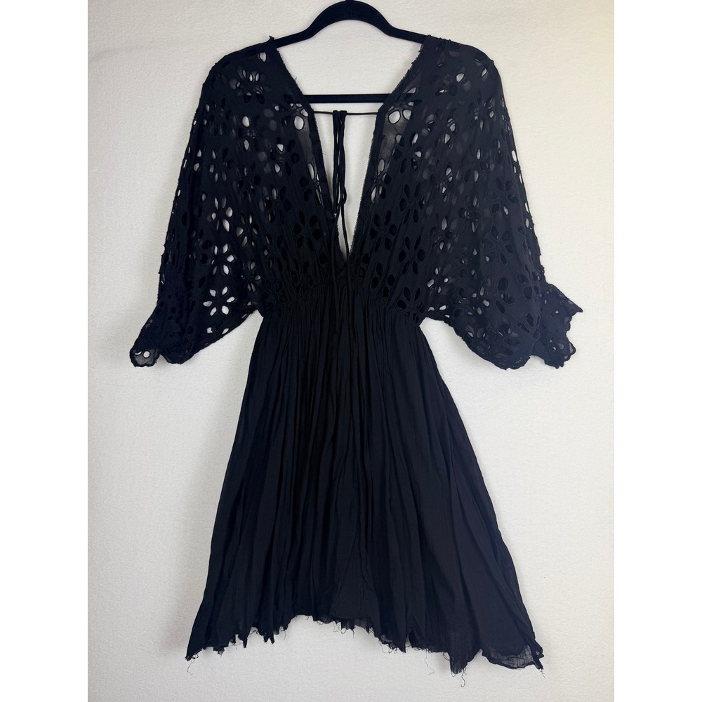 Free People Bella Note Black Eyelet Embroidered Gauze V-Neck Babydoll MiniDress - Picture 8 of 9